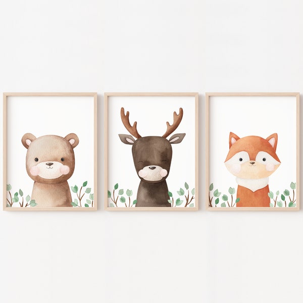 Poster bébé animaux de la forêt, décoration thème la nature, chambre déco des bois, affiche renard ours et cerf pour cadres enfants