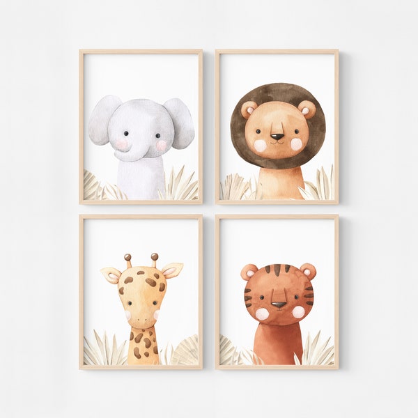 Illustrations animaux sauvages chambre enfant savane, affiche éléphant girafe lion et tigre pour déco safari, décoration bébé jungle