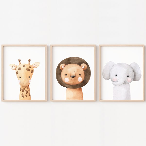 Affiches girafe lion et éléphant chambre enfant savane, décoration murale bébé thème jungle, animaux mignons déco safari
