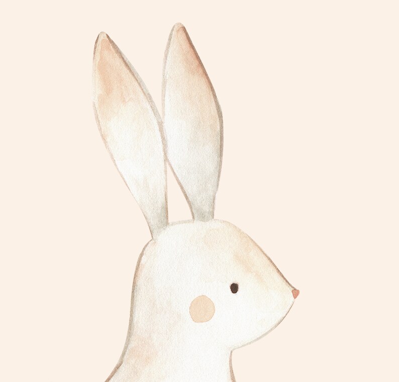 May include: A watercolor illustration of a white rabbit with brown ears and a pink nose. The rabbit is looking to the right and has a small brown spot on its cheek.