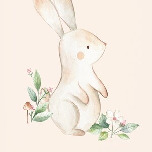 May include: A watercolor illustration of a white rabbit with pink accents, standing on its hind legs. The rabbit is surrounded by green leaves and pink flowers.