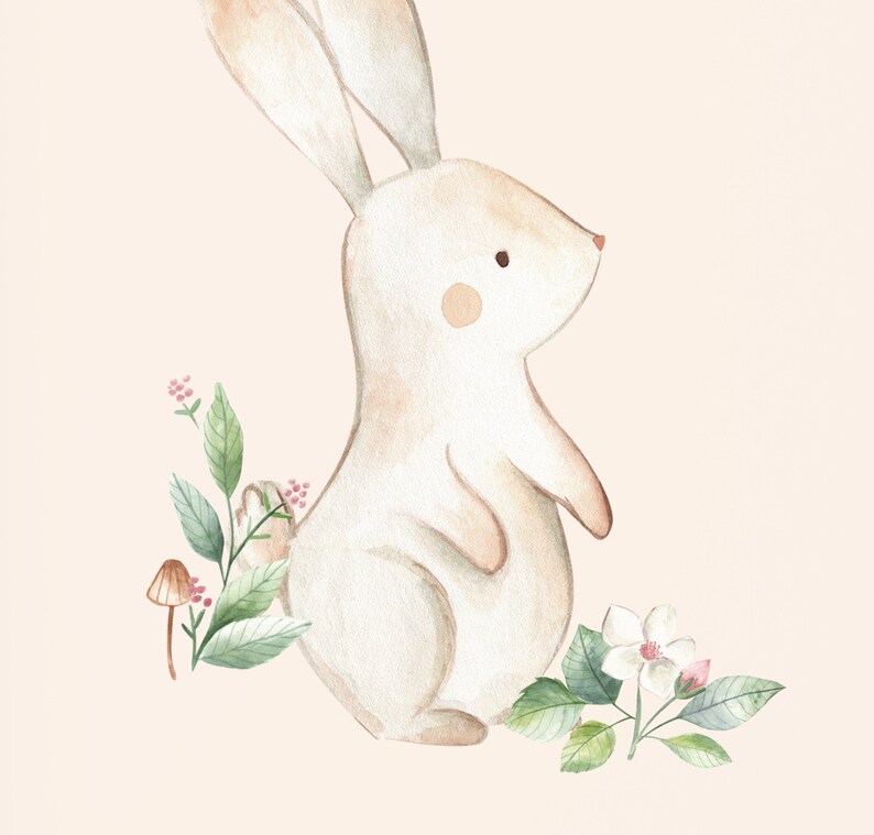 May include: A watercolor illustration of a white rabbit with pink accents, standing on its hind legs. The rabbit is surrounded by green leaves and pink flowers.