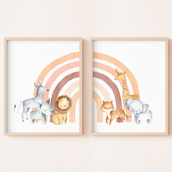 Décor chambre bébé arc en ciel, affiche enfant thème bohème et animaux, décoration boho orange et beige