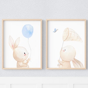 Set de 2 acuarelas de conejos para decoración de habitación de bebé, lindos carteles temáticos de decoración azul para niños