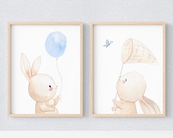 Set of 2 watercolor rabbits for baby room decoration, cute blue themed decoration posters for boys