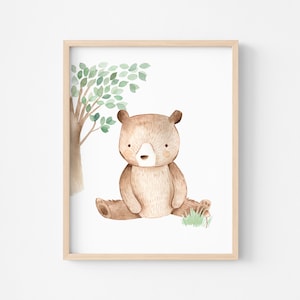 Cartel de oso, decoración de animales del bosque, dormitorio de bebé o niña de acuarela, decoración infantil con tema de la naturaleza