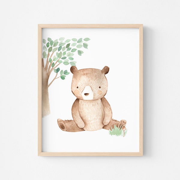 Affiche ours décoration animaux des la forêt, aquarelle chambre bébé garçon ou fille, déco enfant thème nature