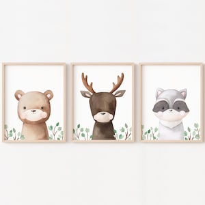 Waldtier Poster für Kinderzimmer, Babywald Dekoposter, Hirsch Bär und Waschbär, Natur Wanddeko