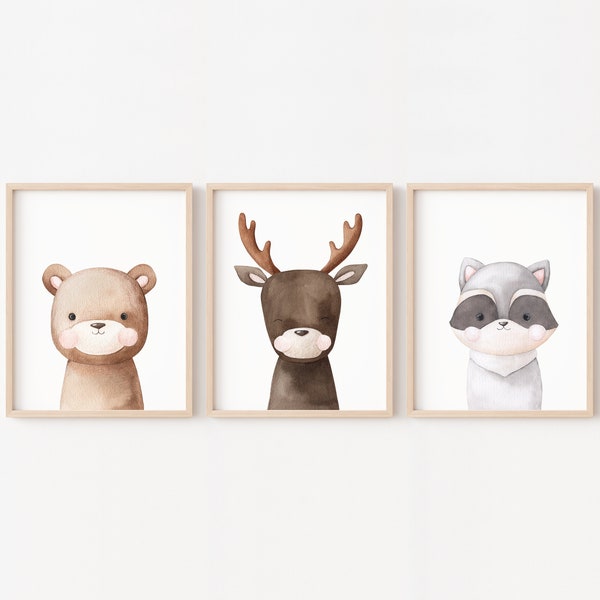 Affiches animaux de la forêt chambre d'enfant, illustration ours, cerf et raton laveur, décoration bébé thème de la nature, cadeau parents