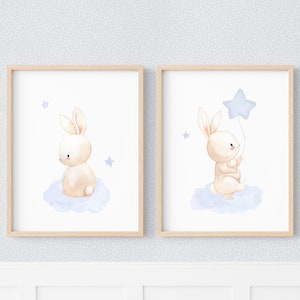 Conjunto de 2 pôsteres de coelho para quarto de bebê com tema estrela e noite, lindo pôster de nuvem para decoração azul de menino