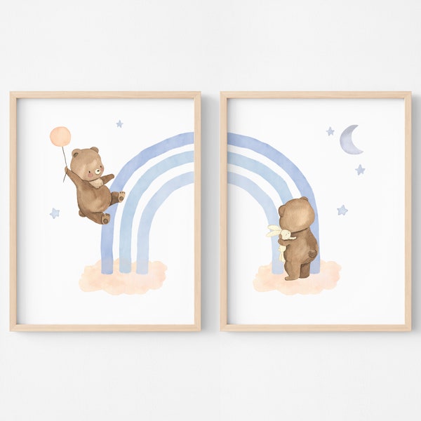 Illustration chambre bébé arc en ciel, affiche ourson pour décoration enfant, lot de 2 affiches couleurs bleu gris boho