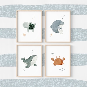 Set van 4 posters met oceaanthema voor kinderwanddecoratie, schilderijen van zeedieren, babyschildpad, dolfijn, walvis en krabillustratie
