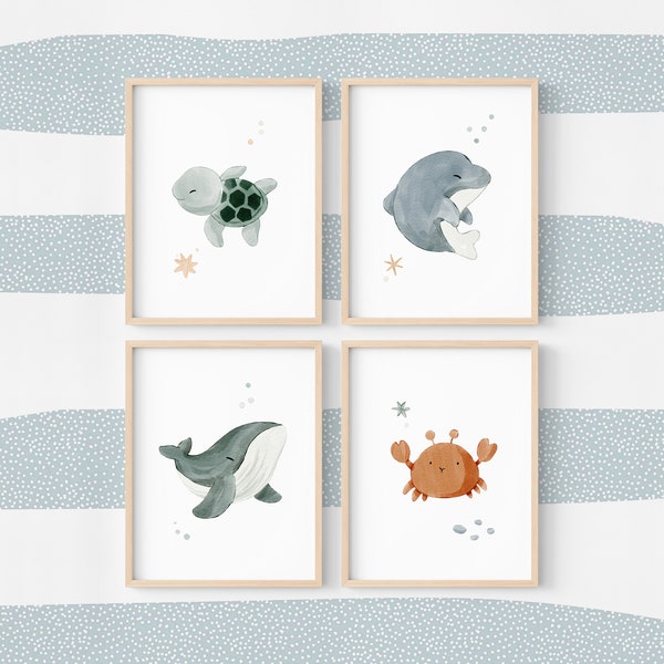 Set of 4 ocean theme posters for children's wall decor, sea animal paintings, baby turtle dolphin whale and crab illustration