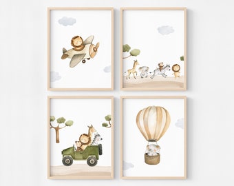 Pósters de temática safari para decoración infantil, set de 4 pósters sabana ilustración aventura león jirafa y elefante