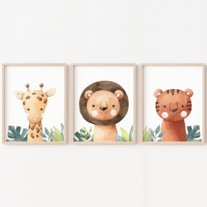 Set de 3 pósters de habitación infantil safari, ilustraciones de jirafa león tigre, sabana bebé y decoración de animales de la selva