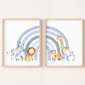 Regenbogen- und Tierdekoration, Kinderzimmerposter für Jungen, Illustration für Kinder, blaue Dekoration für Rahmen 21 x 30 cm oder 30 x 40 cm