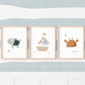 Set mit 3 Illustrationen für das Meeresschlafzimmer, Schildkröten- und Krabbenboot-Poster, Kinderdekoration zum Thema Meer und Segeln