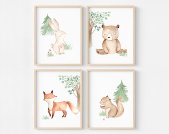 Set of 4 forest animal posters for children's bedroom decoration frames, nature theme illustrations, baby woodland decoration