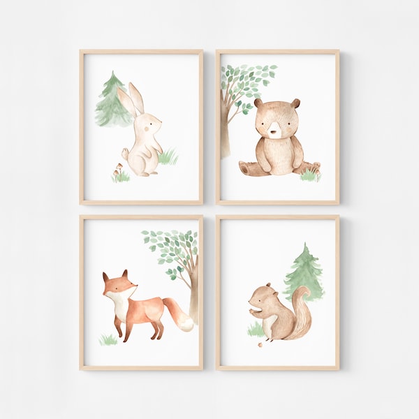 Set di 4 poster di animali della foresta per cornici per la decorazione della stanza dei bambini, illustrazioni a tema naturale, arredamento del bosco per bambini