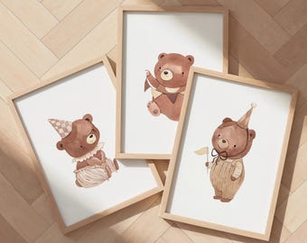 Bear nursery wall art set — brown tones vintage decor | boho nursery kids room