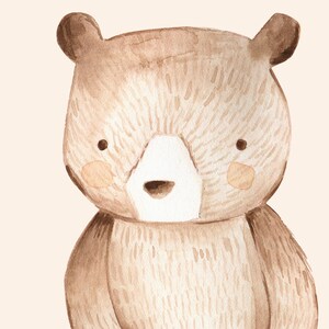 May include: A watercolor illustration of a brown bear with a white nose and muzzle. The bear has a soft, fuzzy texture and is looking directly at the viewer.