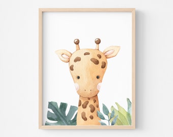 Décoration chambre bébé fille, illustration girafe affiche savane pour deco animaux mignons, tableau mural enfant jungle