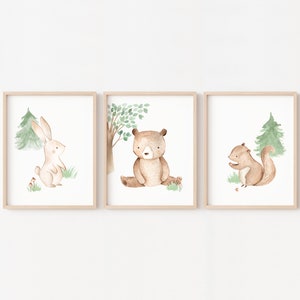 Conjunto de 3 ilustraciones de animales del bosque para dormitorio temático de madera y naturaleza, carteles de ardilla de oso conejo, decoración de marcos de bebé