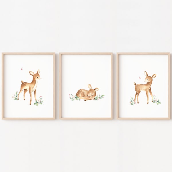 Affiche biche pour chambre enfant thème animaux de la foret, décoration faon pour cadres bébé, illustration aquarelle fille