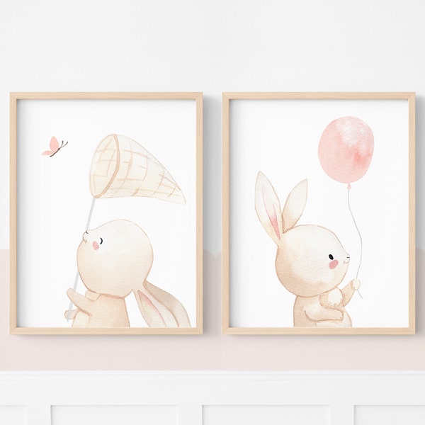 Poster lapin décoration enfant  pour chambre petite fille, idée cadeau jeunes parents, affiche bébé rose pour décor mural mignon