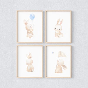 Set di 4 poster a tema coniglio camera da letto blu, simpatici poster per bambini, set di illustrazioni con cornice per bambini