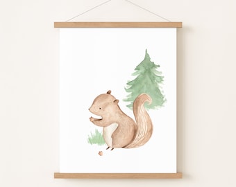 Squirrel poster for woodland animal decoration, baby girl's or boy's room, children's forest-themed nature poster