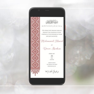 May include: A mobile phone screen displaying a wedding invitation with a red and white patterned border. The invitation is for the wedding of Mohammad Ahmad and Dania Ibrahim on February 26, 2022 at 8:00 PM at Jardin Castle, 213 Prince Ave West, Northridge, CA. The invitation is written in both English and Arabic.