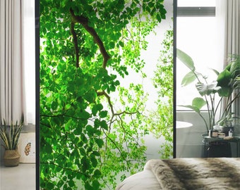 Window Film Forest Green Leaves Privacy Static Cling Stickers Non-Adhesive Glass Films Home Decor Shower Bathroom Office Living Room