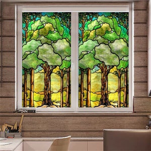 Custom Size Frosted Window Film Forest Green Tree Static Cling Stickers Stained Glass Sticker Non-Adhesive For Door Kitchen Bedroom Bathroom