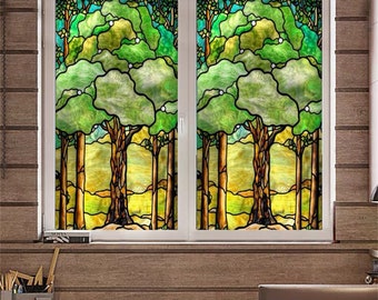 Custom Size Frosted Window Film Forest Green Tree Static Cling Stickers Stained Glass Sticker Non-Adhesive For Door Kitchen Bedroom Bathroom