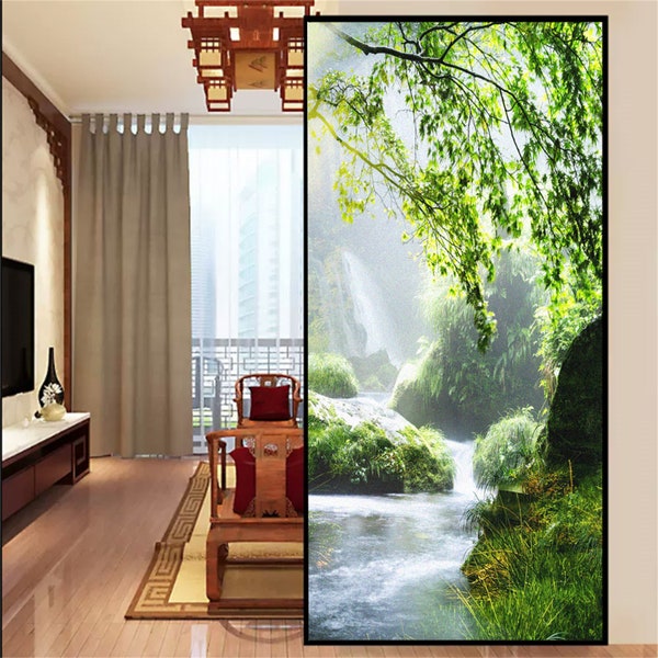 Privacy Window Film Custom Size Forest Green Trees Nature Patterrn PVC No Glue Static Cling Removable Window Decor Easy Installation