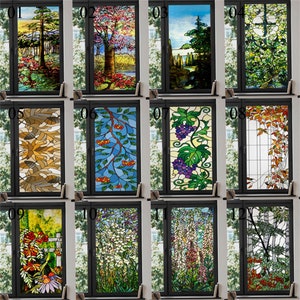 Custom Size Window Film Tree Flower Window Decor Cling Stained Film Privacy Glass Film Non-Adhesive Bedroom Bathroom Living Room Home Decor