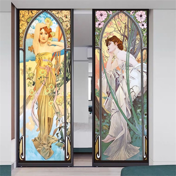 Customize Stained Glass Window Film Mucha Stickers Privacy Glass Film Static Cling Glass Sliding Door Home Decor