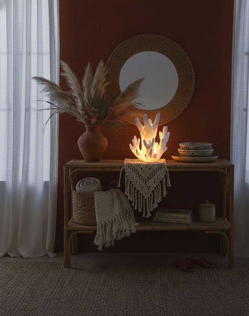 Lámpara Boho Coral: Decoración costera ecológica de playa con control remoto LED RGB y USB