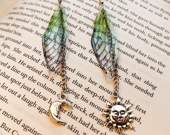Silver Sun and Moon Earrings, Angel Wing Moon Earrings, Star Earrings, Angel Earrings, Wing Earrings, Fairy Wing Earrings, Gothic Earrings