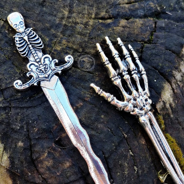 Silver Skeleton Hair Pin, Witch Sword Hair Stick, Witchy Hair Pin, Gothic Hair Jewelry, Goth Hair Pin, Fantasy Hair Stick, Fantasy Hair Clip