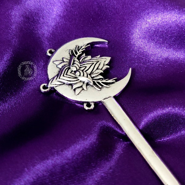 Moon Hair Pin, Gothic Hair Pin, Silver Hair Pin, Fantasy Hair Pin, Hair Pin Flower, Witch Hair Stick, Vintage Hair Comb, Bridal Hair Pin