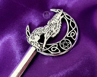 Silver Moon Hair Pin, Fantasy Hair Pin, Witch Hair Pin, Pentagram Hair Stick, Wolf Hair Pin, Silver Hair Pin, Gothic Hair Pin, French Pin