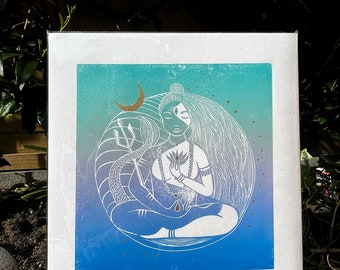 Original Artwork "Merging"  linocut print - divine Shiva Shakti connection