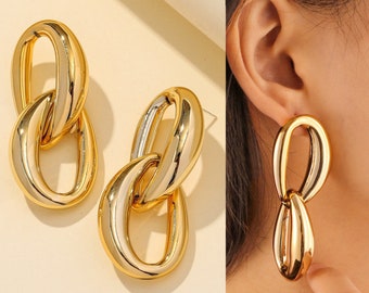 Golden Double Ring Drop Earrings