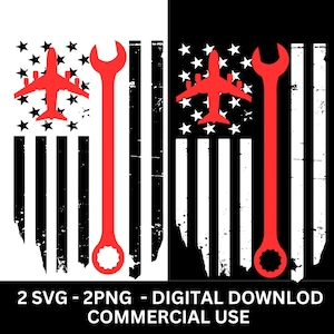 May include: A digital design featuring two stylized American flags. Each flag has a red airplane and wrench overlayed on the stars and stripes. The text "2 SVG - 2PNG - DIGITAL DOWNLOAD COMMERCIAL USE" is at the bottom.