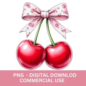 Coquette Cherry Clipart: Cherries with Bow PNG,  Digital Download for Crafts and Journals