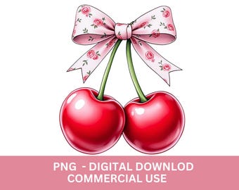 コケットチェリークリップアート：リボン付きチェリーPNG、クラフトやジャーナル用のデジタルダウンロード