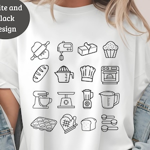 May include: White t-shirt with a black and white design featuring baking icons such as a rolling pin, mixer, loaf of bread, and oven. The text "white and black design" is in a black circle in the upper left corner.