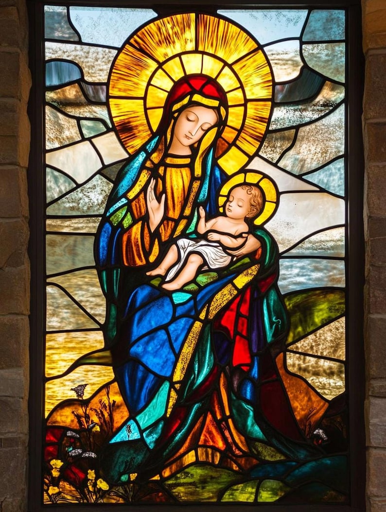 Custom Size Virgin Mary and Infant Jesus Stained Glass Window Film ...